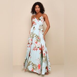 Lulu's Light Blue Floral Wrap Maxi Dress with Pink & Green Accents